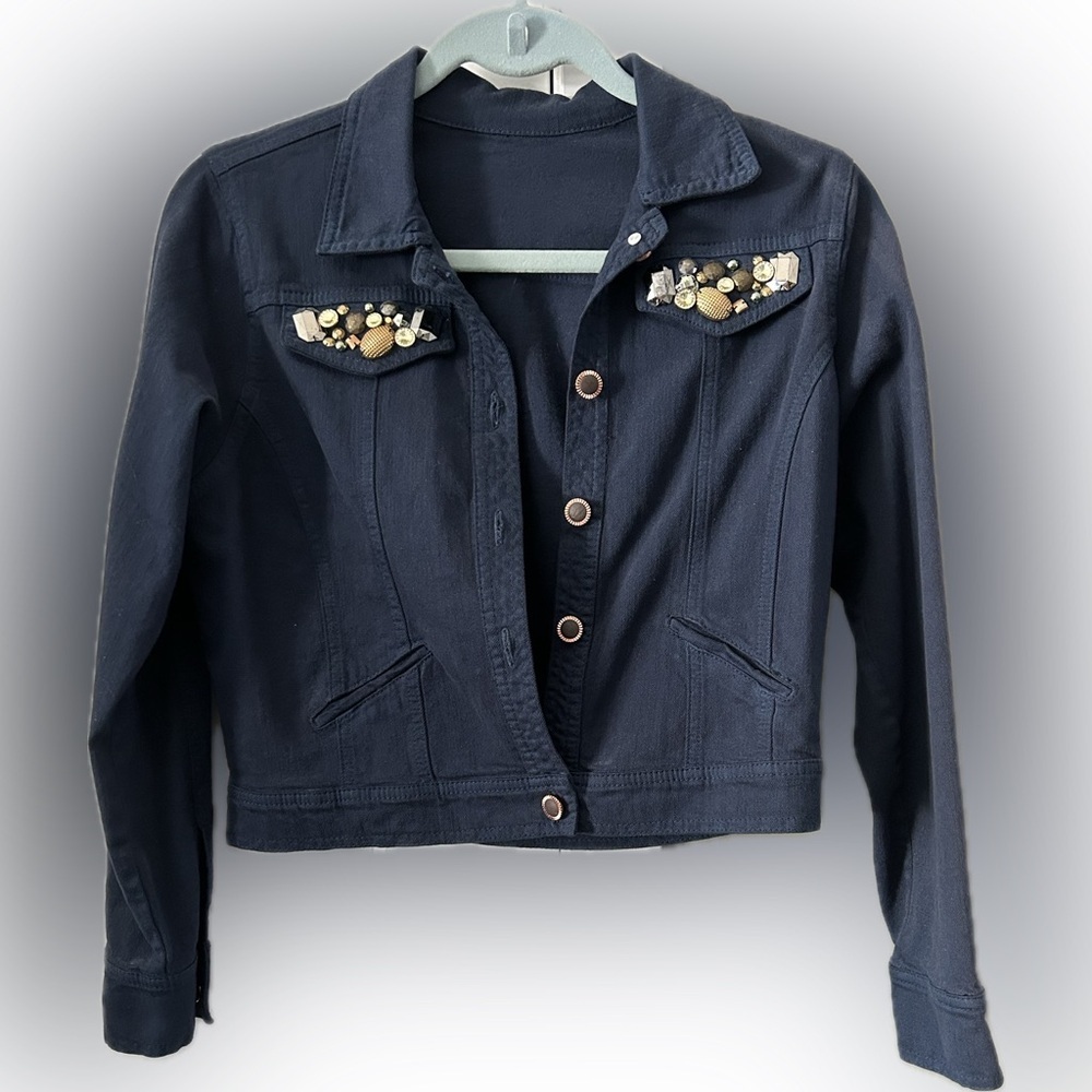 Bomber Jacket Navy Blue with Embellished pocket flaps - Picture 4 of 11